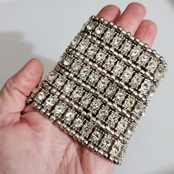 RHINESTONES cuff Bracelet stretch HUGE 5 rows silver beads heavy statement - Picture 9 of 10